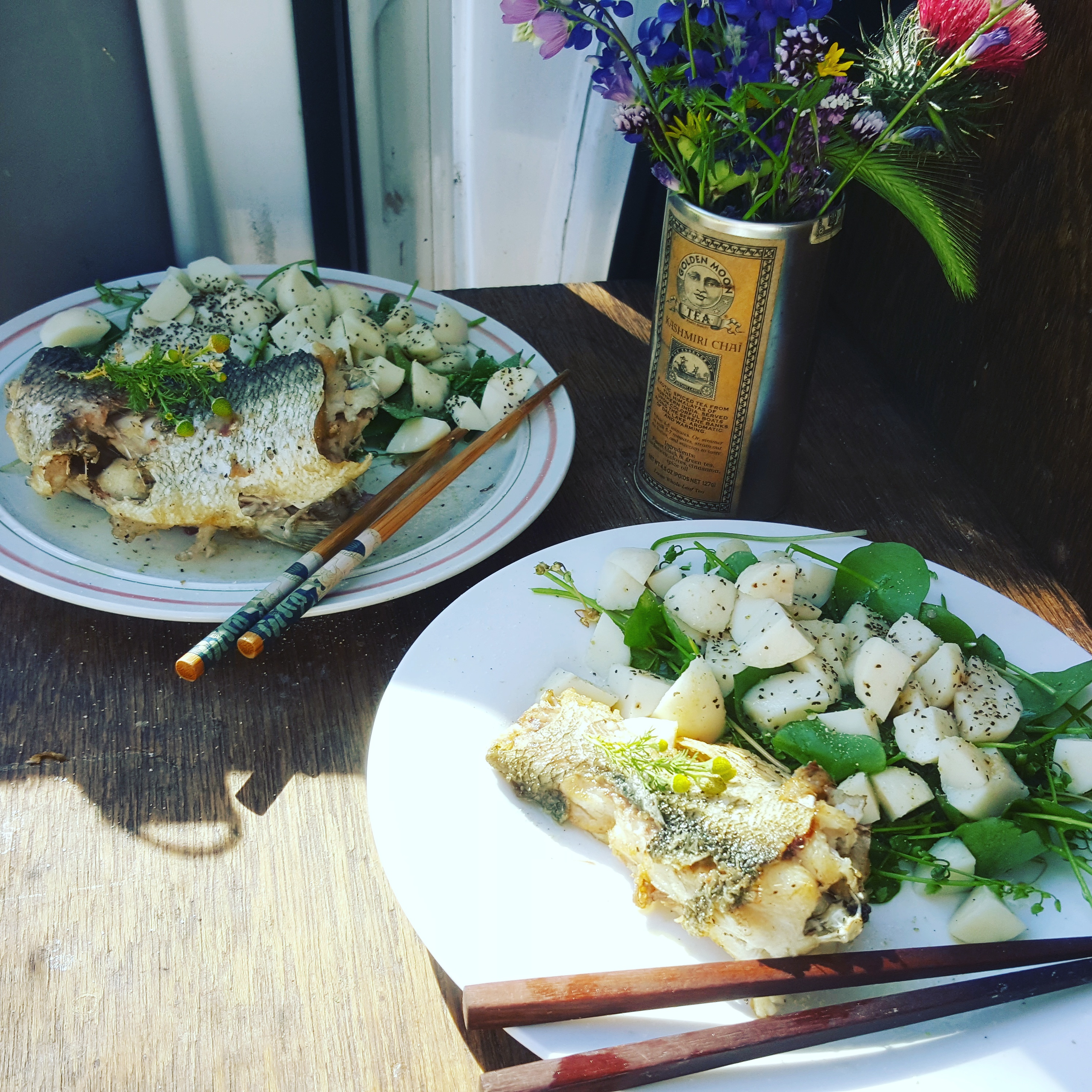 Rainbow Trout and miners lettuce salad
